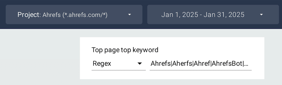 A closeup of a regex input box with relevant variations of the Ahrefs brand name including ahrefs|aherfs|ahref|ahrefsbot