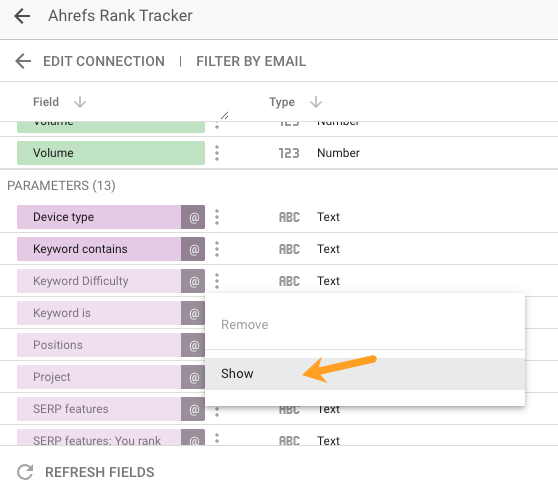 A closeup of parametes, with arrow pointing to the button "Show"