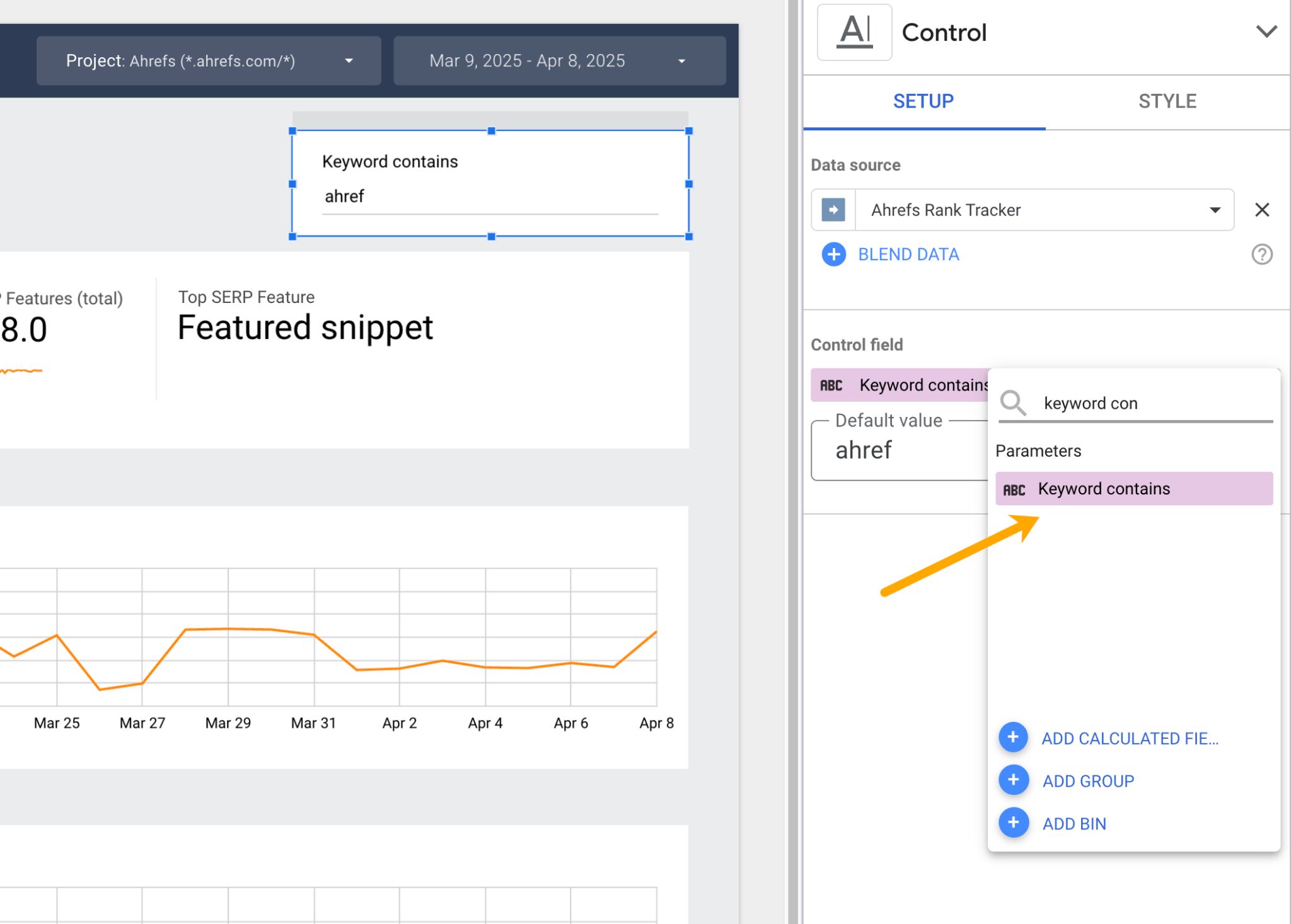 A closeup of the "Keyword contains" parameter