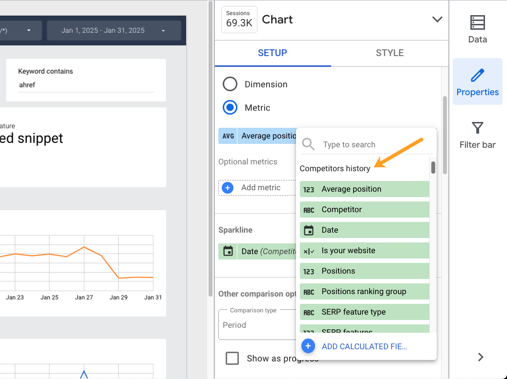 A screenshot of Ahrefs brand awareness dashboard, with the right hand data panel open and scorecard "Competitors history" fields highlighted with an arrow
