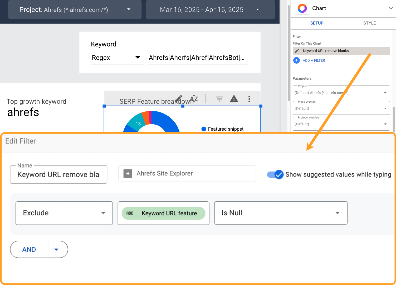 A screenshot showing the setup of “Keyword URL remove blanks” filter