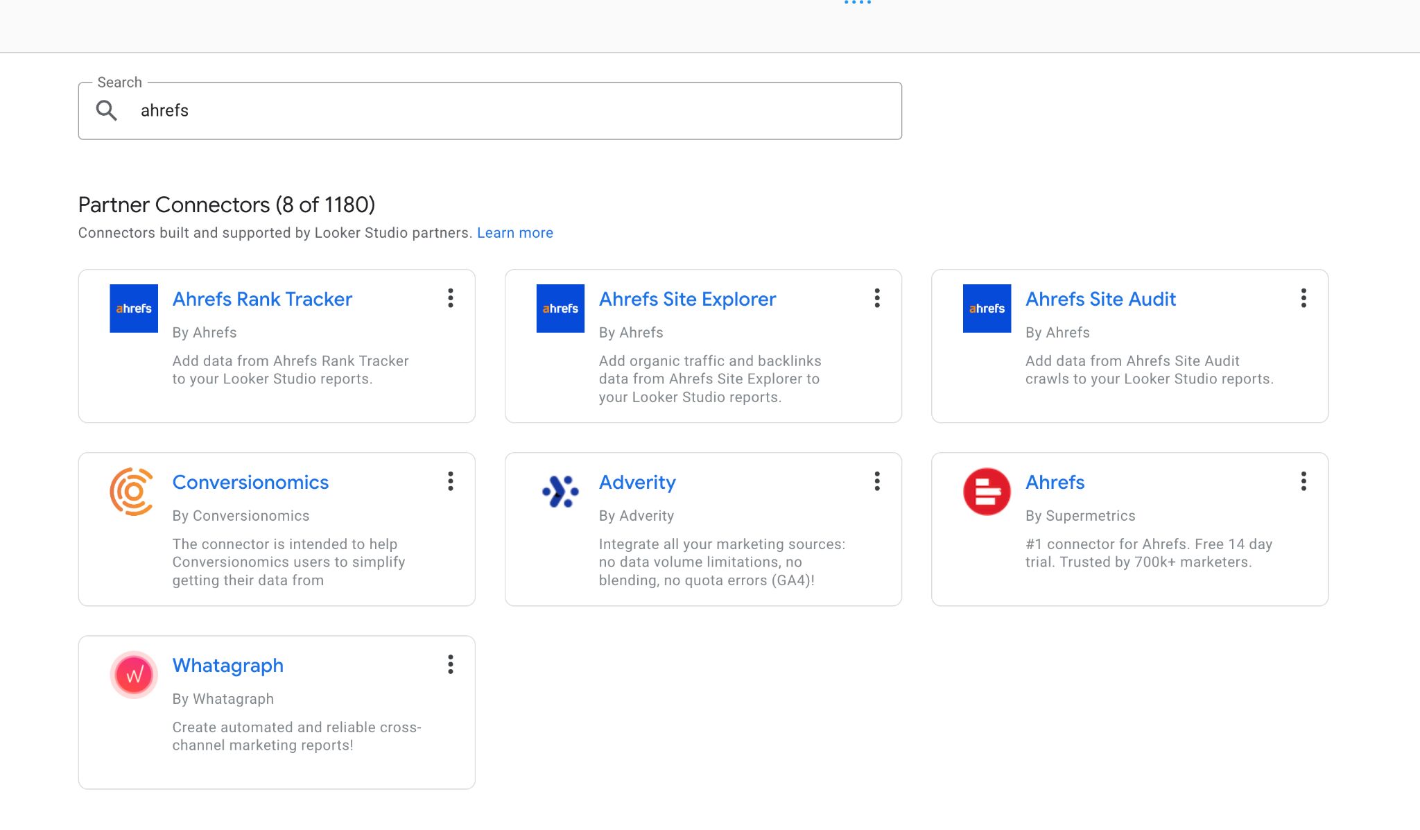 A search bar containing the word "Ahrefs", with three Ahrefs data sources returning below