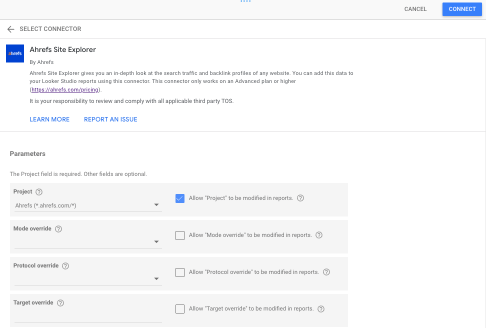A screenshot of Ahref Site Explorer configuration, showing Ahrefs' project selected