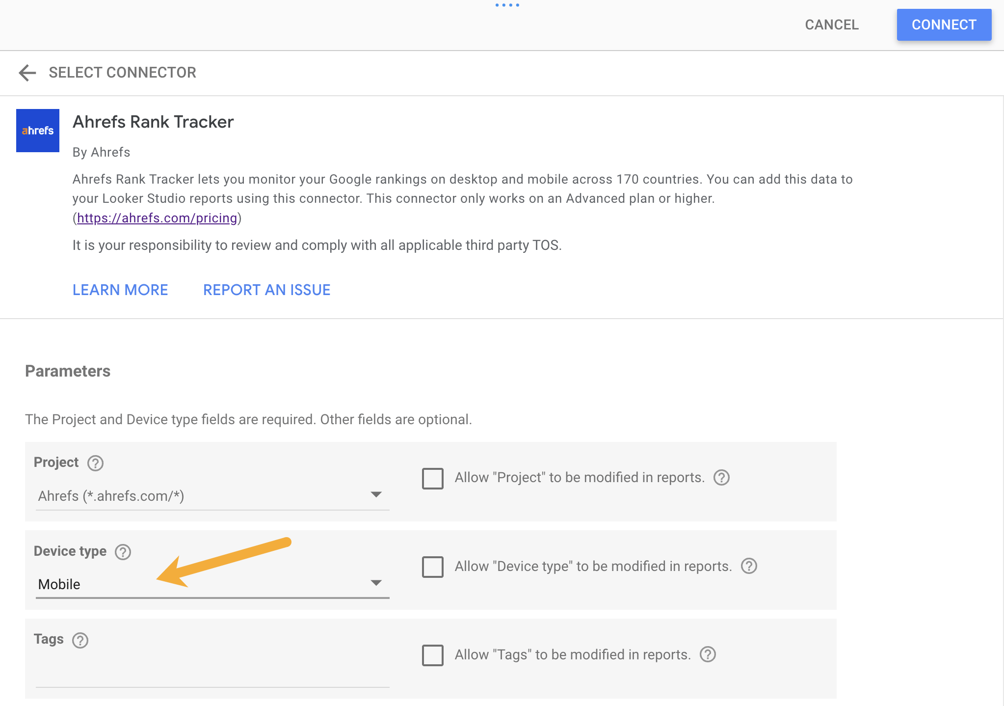 A screenshot of Ahref Rank Tracker configuration, with arrow highlighting Device Type filled with "Mobile"