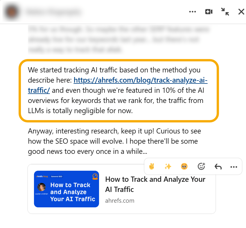 A DM from a fellow marketer saying how he started tracking AI traffic based on our blog posts