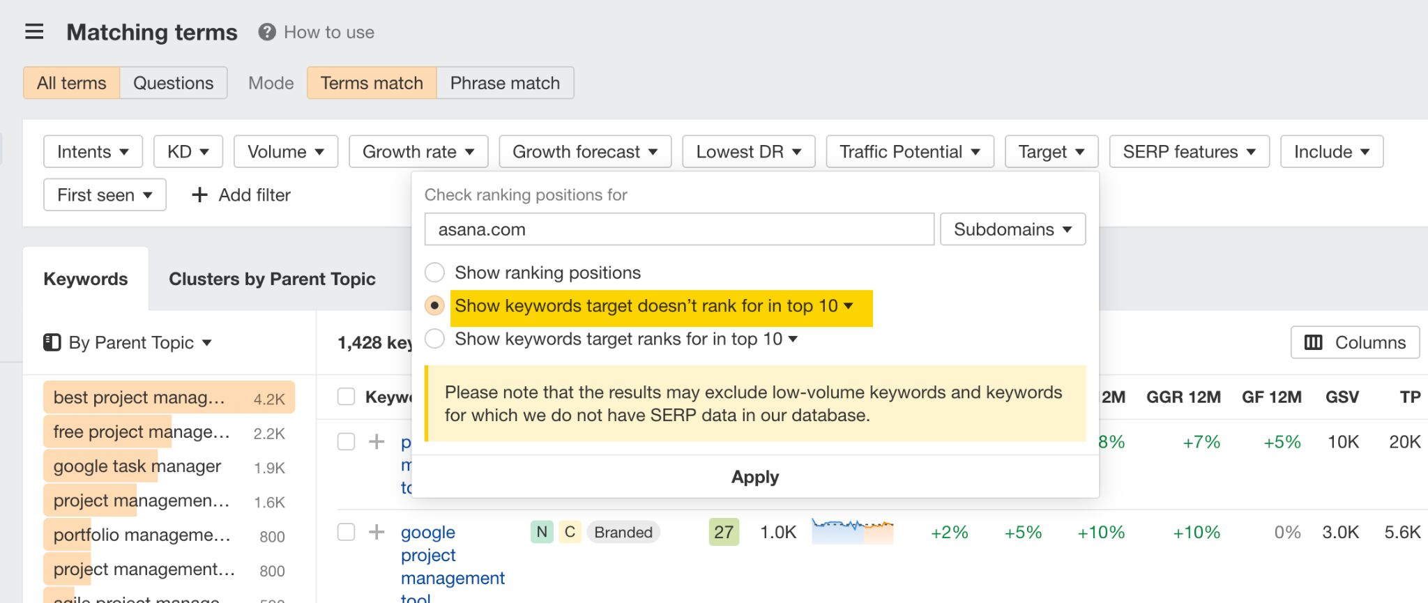 Ahrefs Target filter