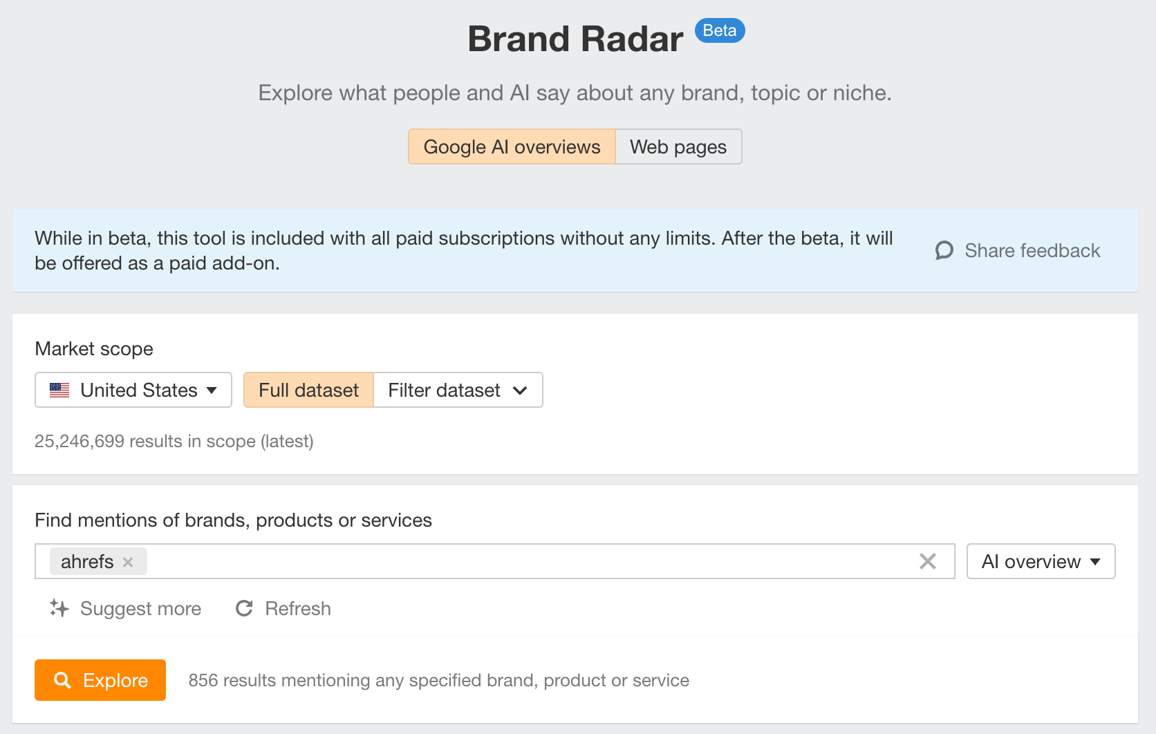 Brand Radar shows you mentions of your brands in AI Overviews