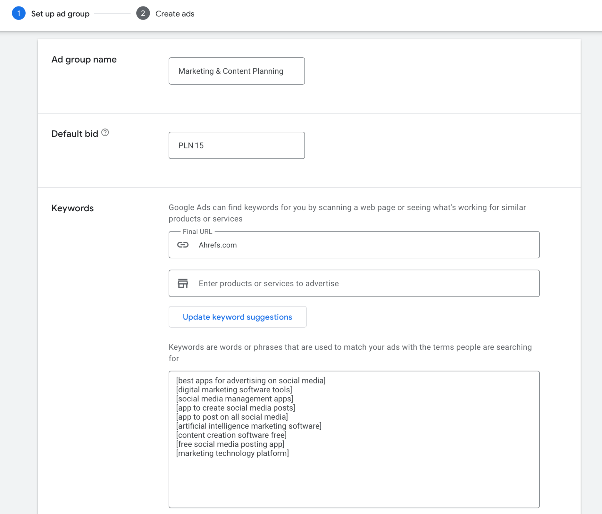Creating an ad group in Google Ads. 