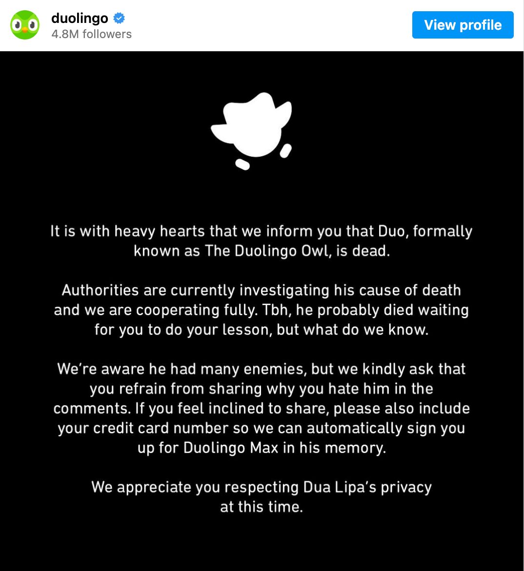 Duolingo's viral campaign - a screenshot form Instagram. 