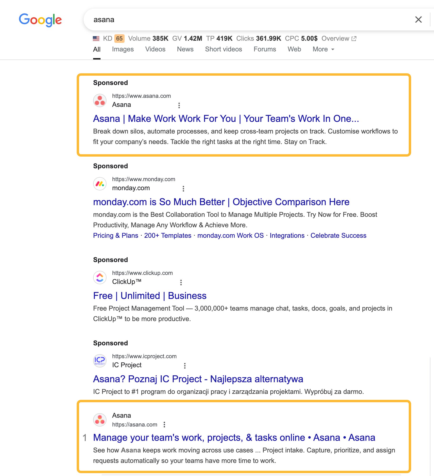 Example of a brand bidding on its own keywords. 
