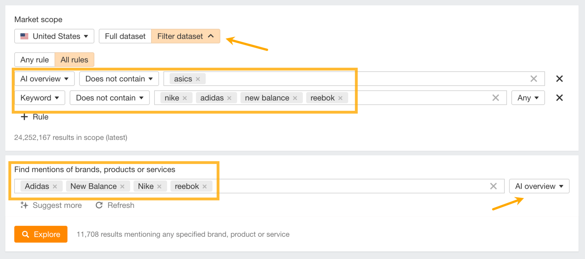 Find competitor mentions using brand mentions in AI overviews - setting up filters in Ahrefs Brand Radar. 