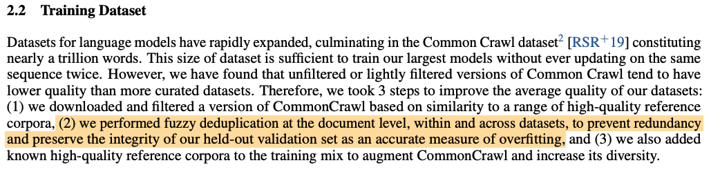 OpenAI's GPT-e model had duplicated documents removed from its dataset to prevent redundancy.