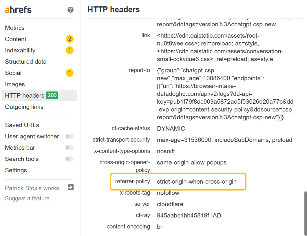 referrer policy can be checked in the HTTP headers with the Ahrefs SEO Toolbar