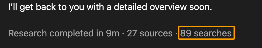 Screenshot of a response in a ChatGPT conversation indicating it made 89 searches.