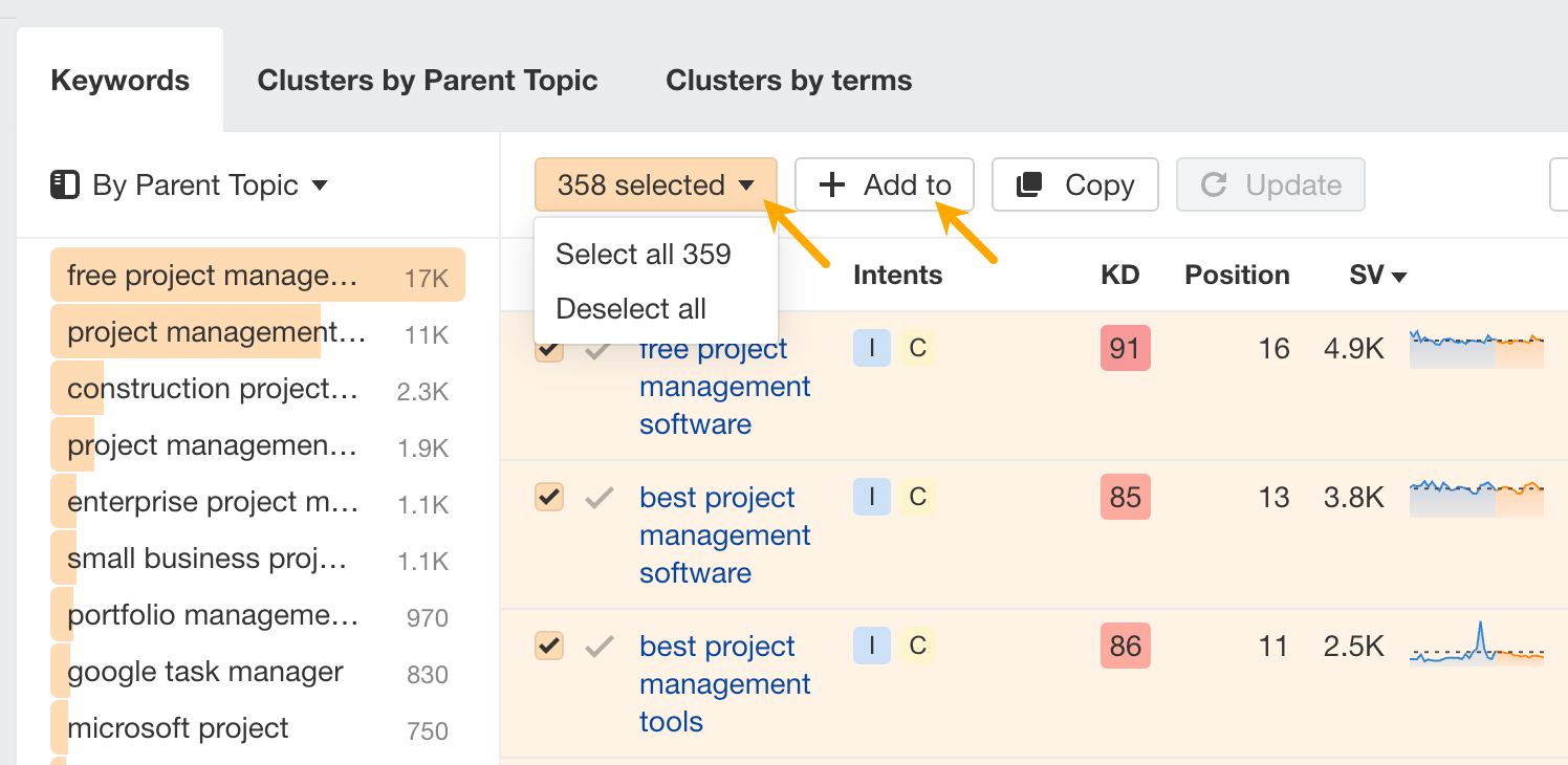 Selecting keywords in Keyword Explorer. 