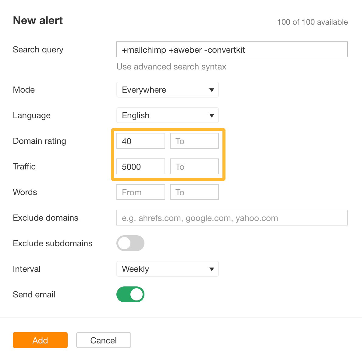 Setting up Ahrefs Alerts using Domain rating and traffic filters. 