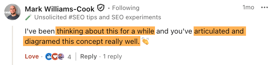 A LinkedIn comment from Mark Williams-Cook about the article LLM's Don't Reward Originality, They Flatten It expressing he's been thinking about the topic for a while and liked the article's articulation.