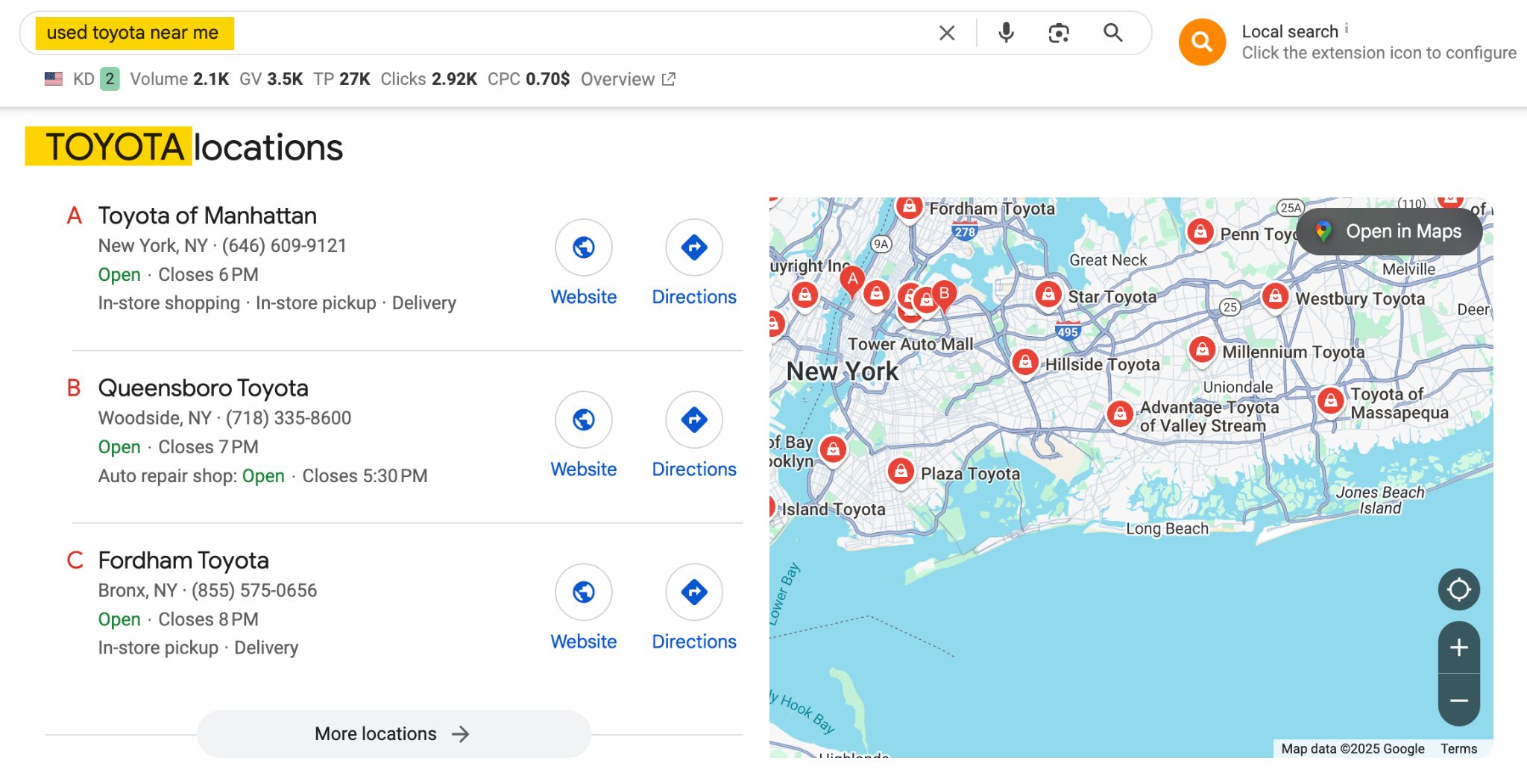 Google Map Pack showing Toyota dealership locations. 