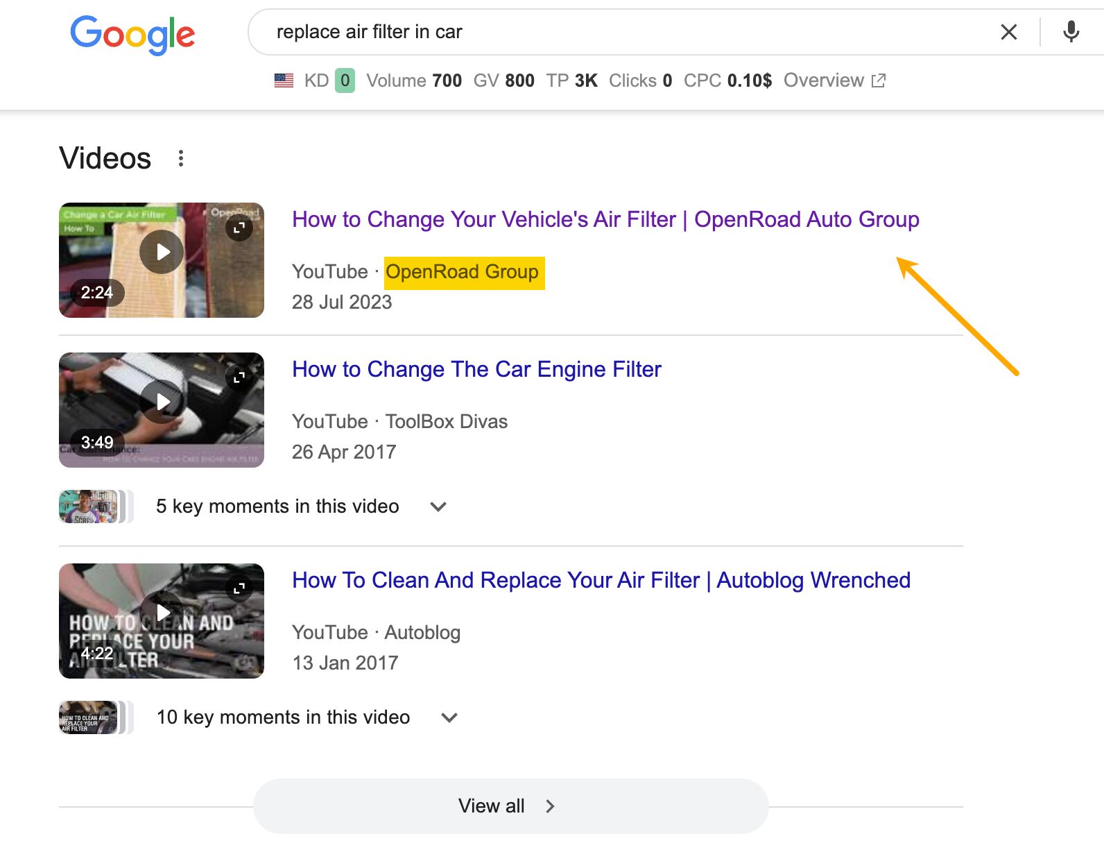 Google showing YouTube videos as part of the SERP. 