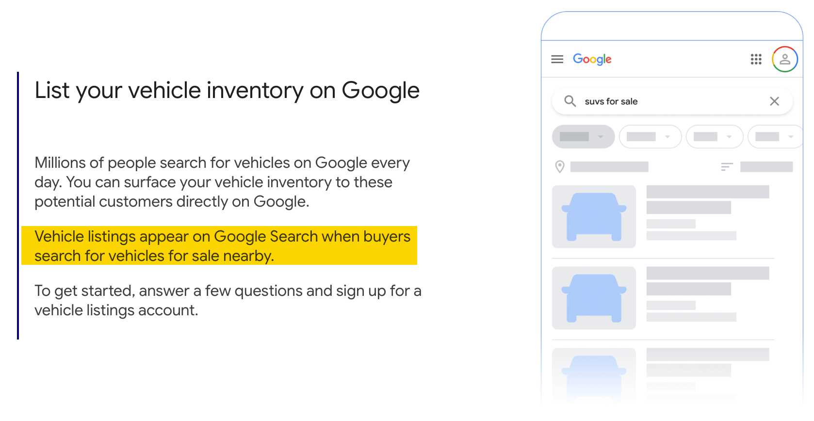 Listing vehicle inventory on Google feature. 
