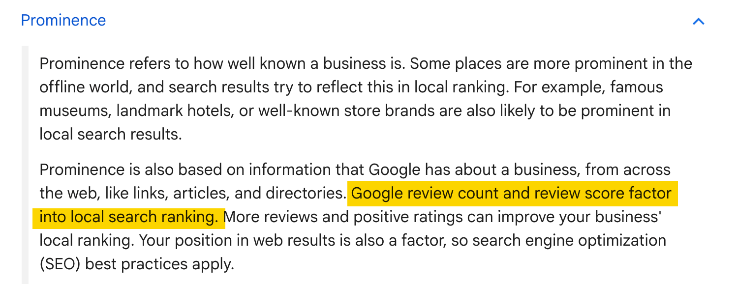 Prominence as a local Google ranking factor.