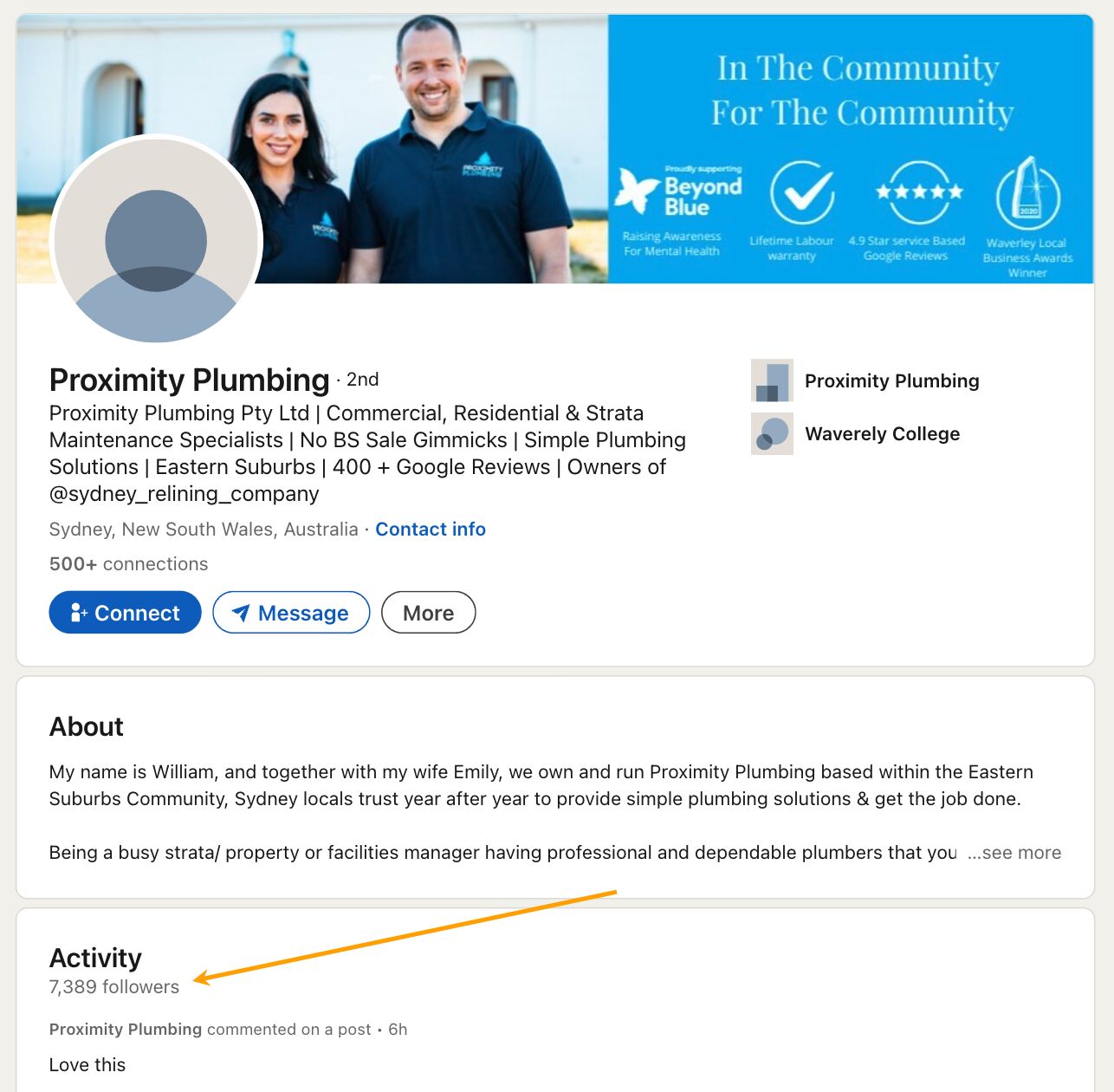 Proximity Plumbing's LinkedIn profile with over 7,000 followers.