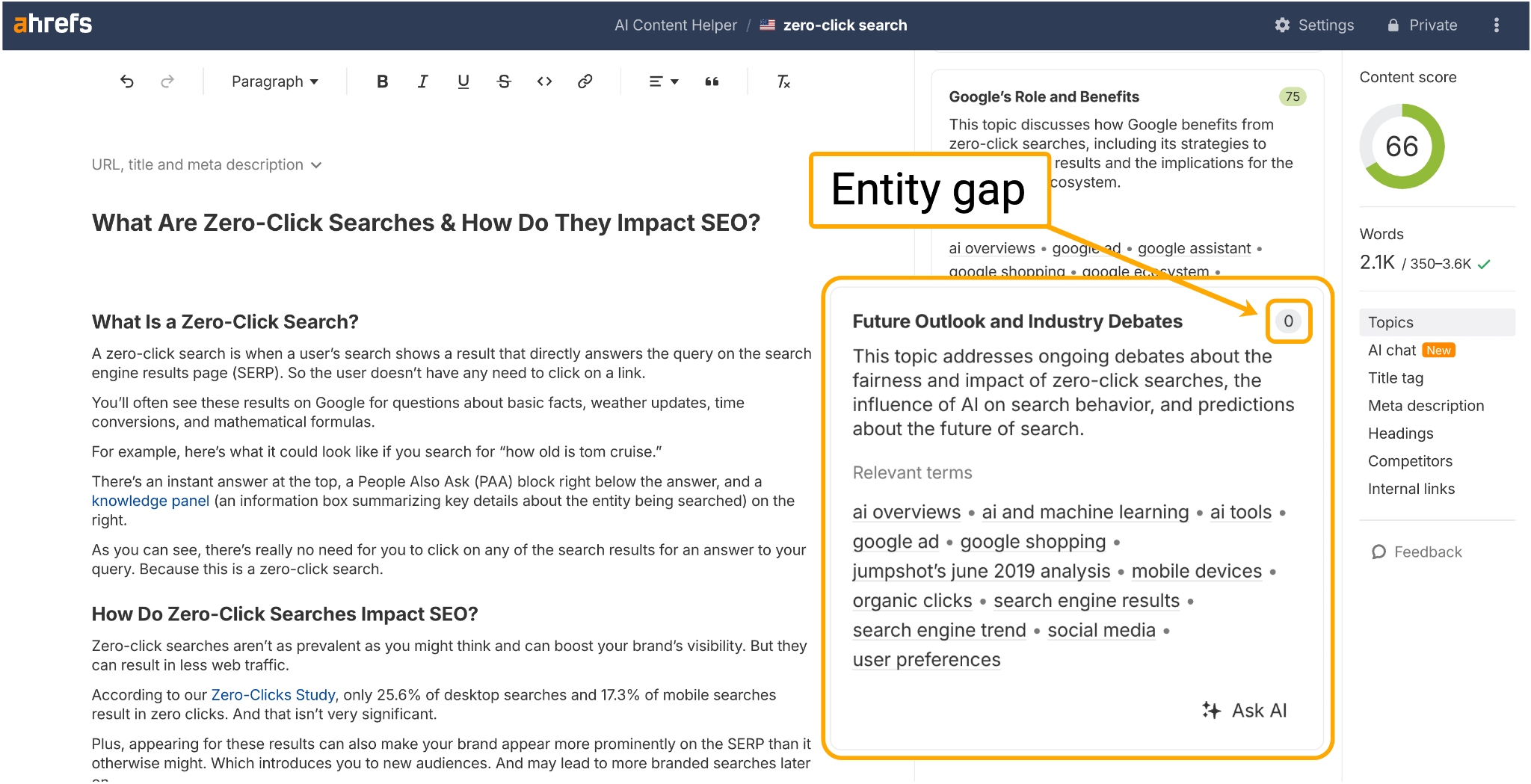 A screenshot of Ahrefs AI Content Helper, pointing out entity gap scores for the topic of "Zero-click content"–highlighting a score of zero for the subtopic "Future outlook and industry debates"