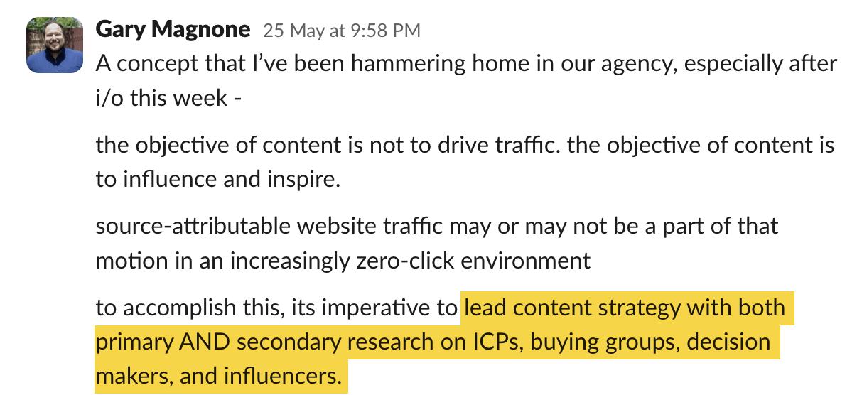 A quote from Gary Magnone, MD at Magneti, from the SEO Community reading "lead content strategy with both primary AND secondary research on ICPs, buying groups, decision makers, and influencers"