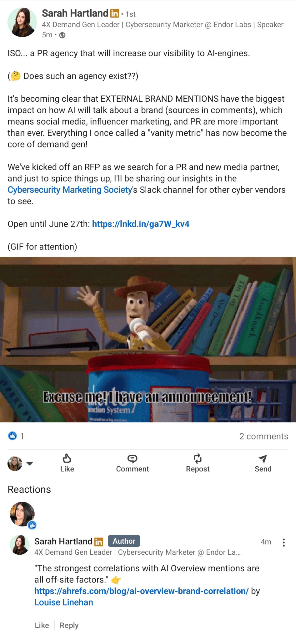 Sarah Hartland "In search of" a PR agency to increase visibility in AI by way of social media, influencer marketing, and PR