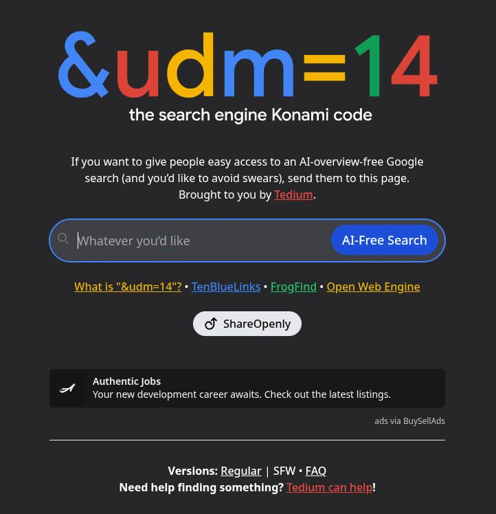 Screenshot of site homepage &udm=14 which switches off AI search results