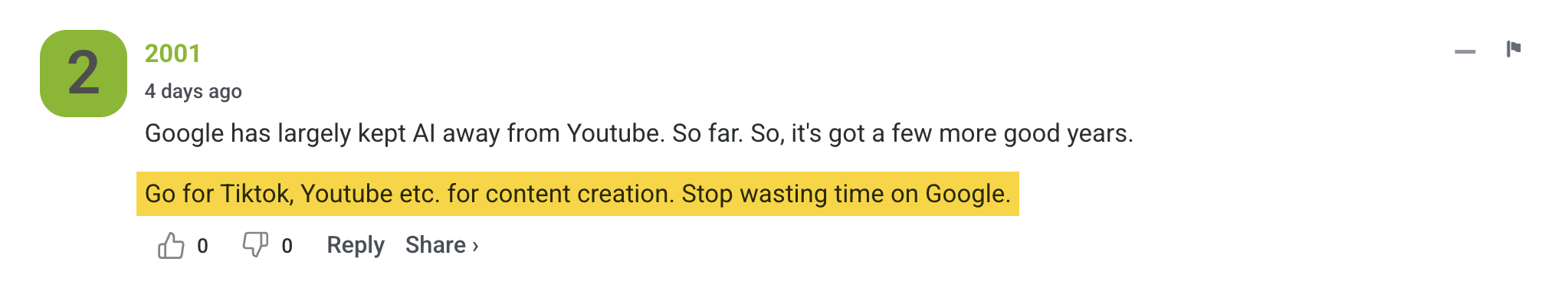 Screenshot of a search engine journal comment from user "2001". The comment reads: "Google has largely kept AI away from Youtube. So far. So, it's got a few more good years." Below this is a highlighted yellow sentence that says "Go for Tiktok, Youtube etc. for content creation. Stop wasting time on Google."