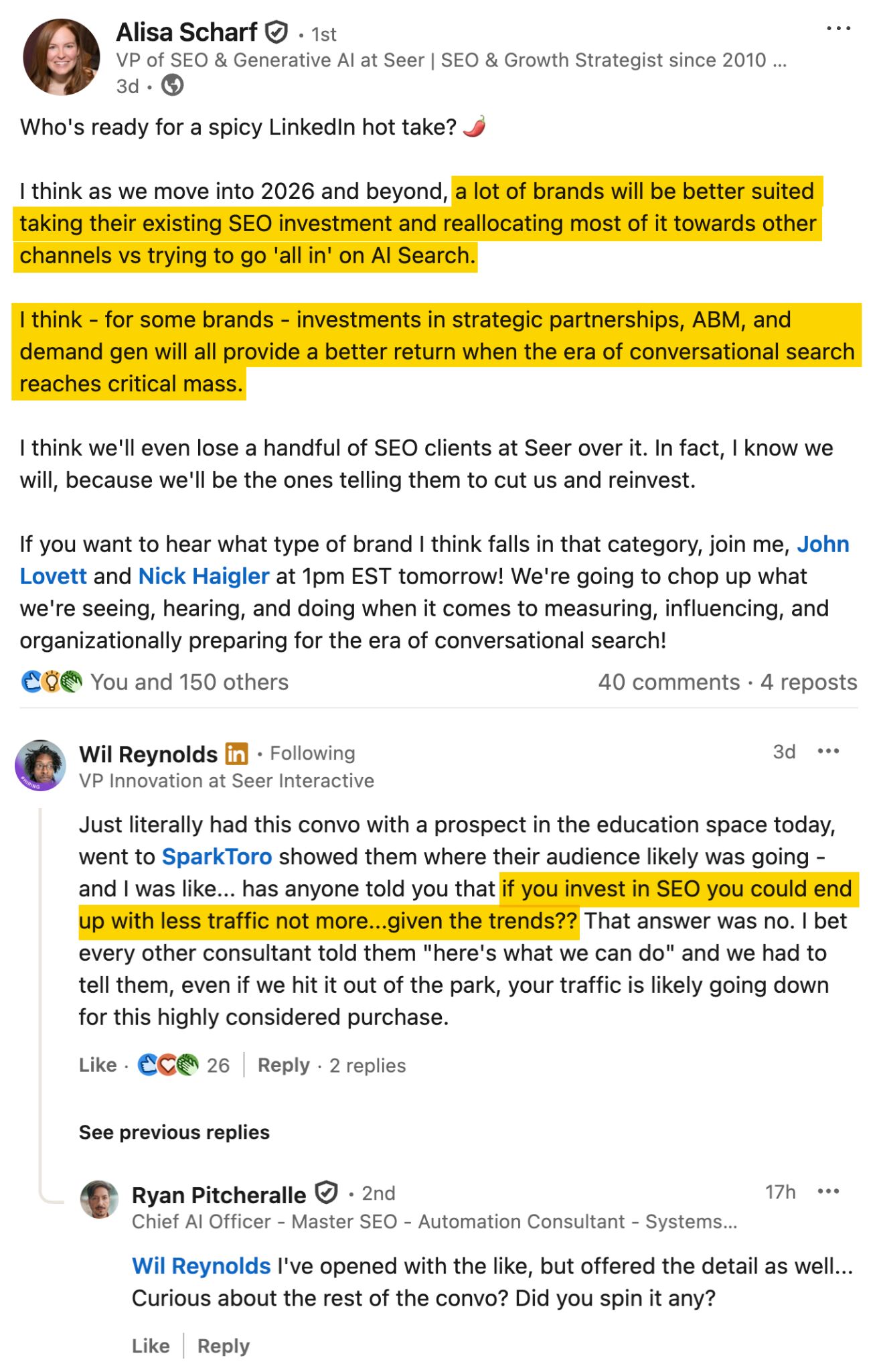 A post from Alisa Scharf, VP of SEO &amp; Generative AI at Seer Interactive