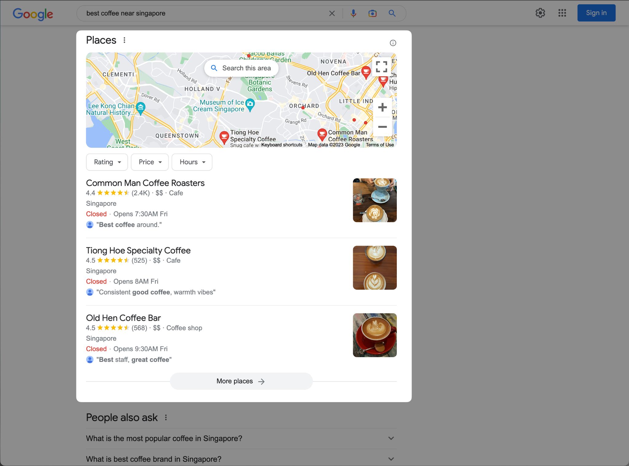 Example of a Google local pack