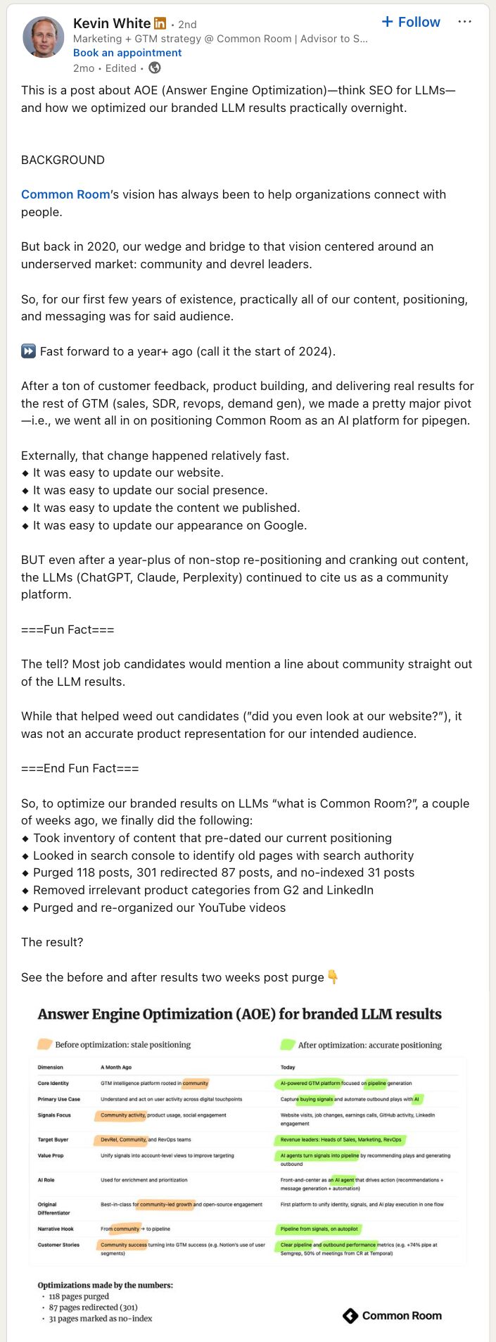 Kevin White's LinkedIn post about rebranding Common Room and the actions taken to shift LLM responses to the new messaging.