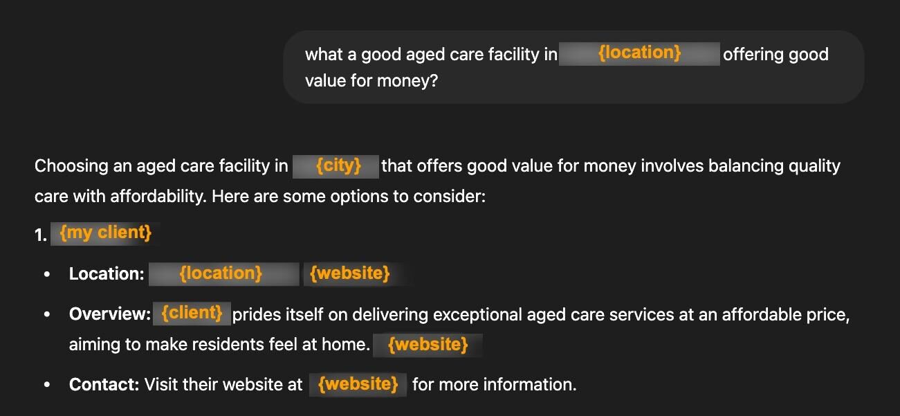 ChatGPT's response that listed a local aged care home first when asked about value for money.