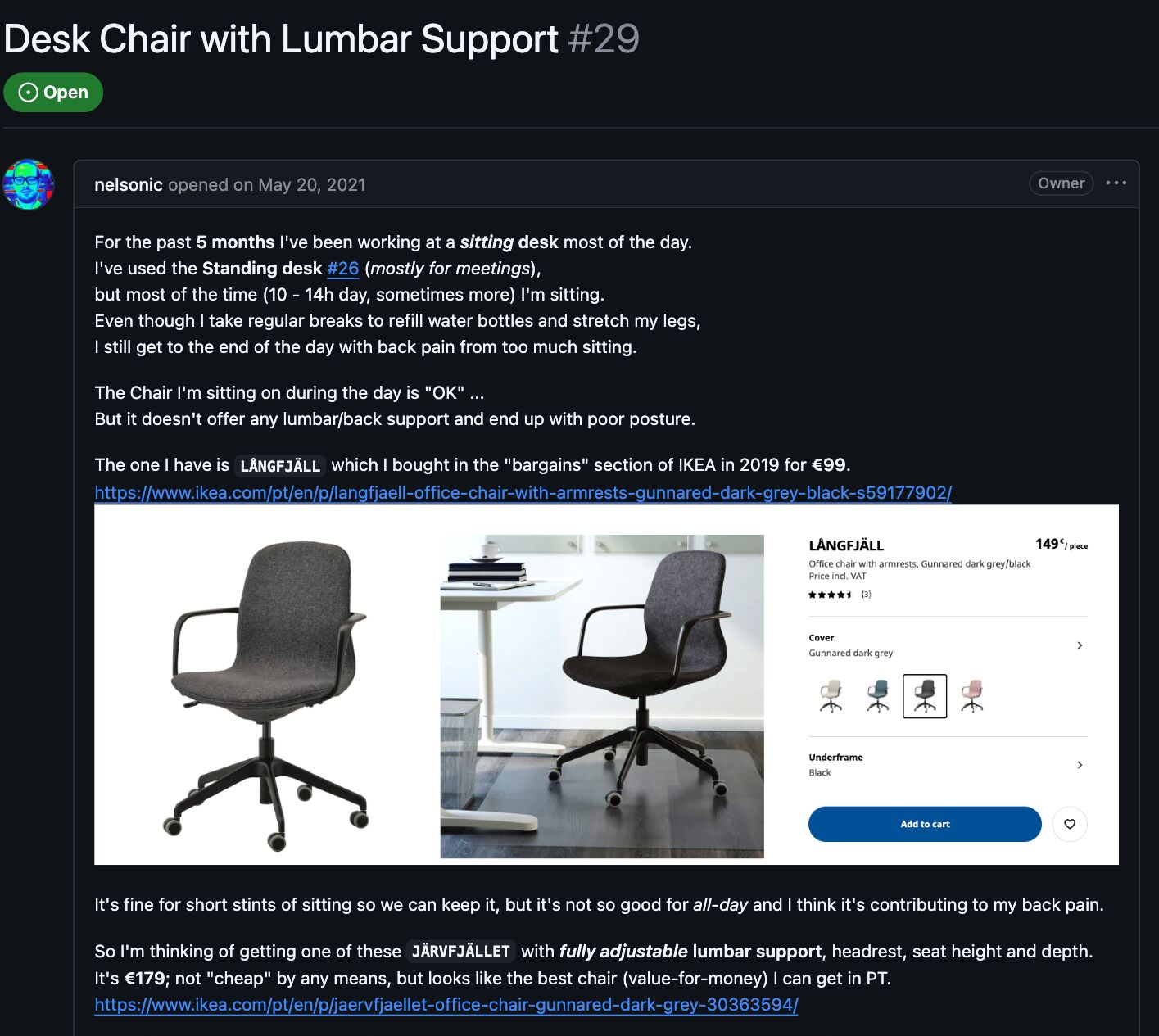 Example of a conversation thread about the best ergonomic chairs in GitHub.
