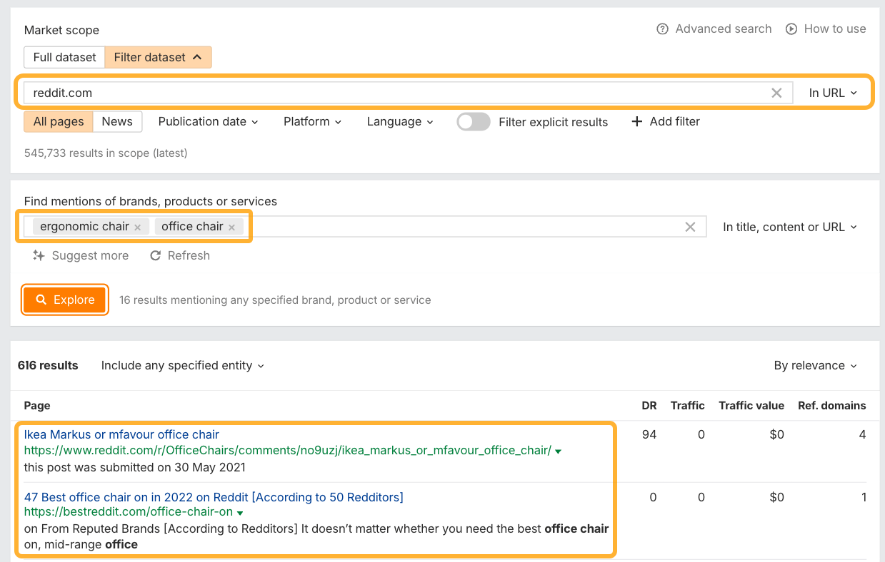 Ahrefs' Brand Radar showing conversations on Reddit about ergonomic chairs.