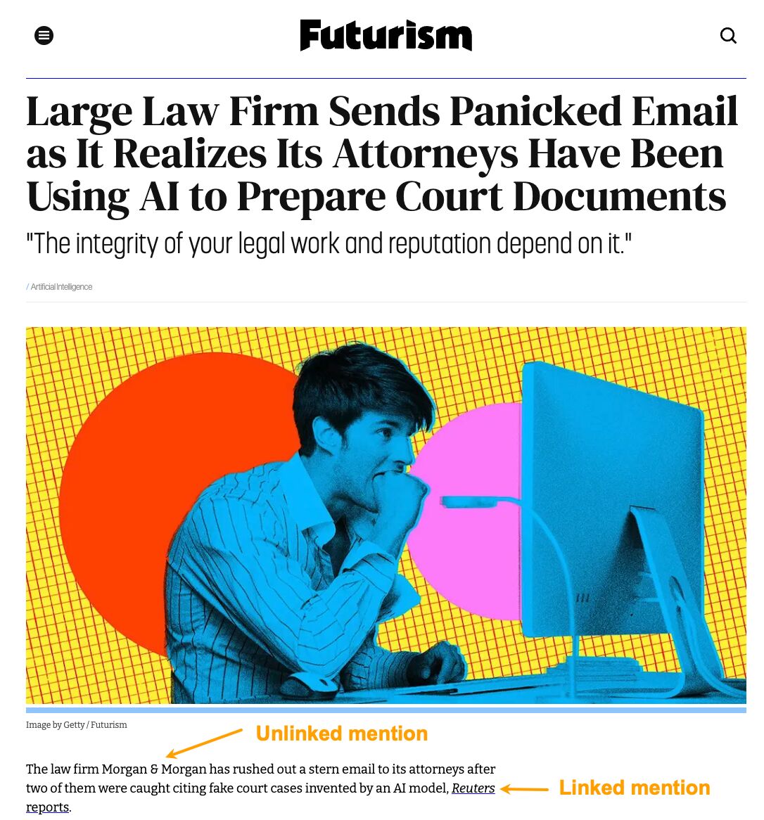 Example of linked and unlinked brand mentions in an article by Futurism.