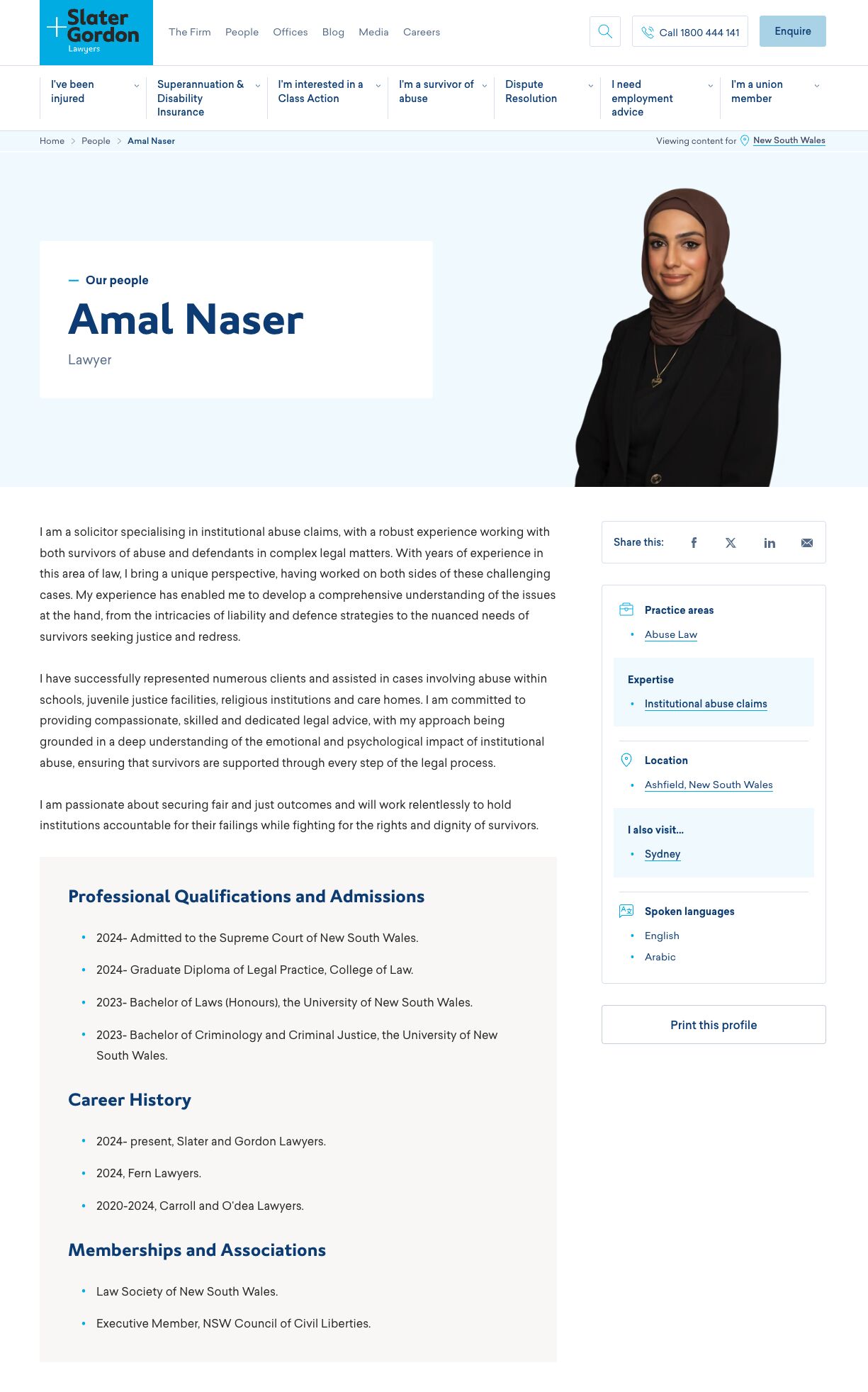 Example of a team profile page for an attorney at Slater and Gordon.