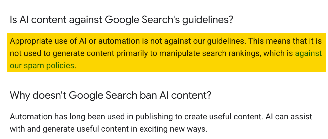 Google's guidelines say they're not against AI content