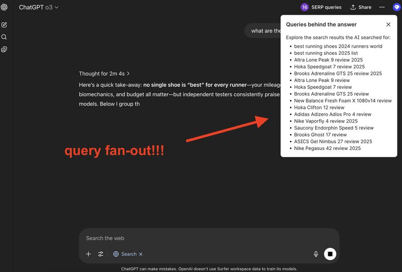 A screenshot of ChatGPT’s web search interface with a popup titled "Queries behind the answer" displaying a list of search queries used by the AI to generate a response. The list includes queries like “best running shoes 2024 runners world,” “Nike Pegasus 42 review 2025,” and others related to running shoe reviews. A red arrow points to the popup with the caption “query fan-out!!!” highlighting how the AI branched out into multiple detailed queries. The main interface is in dark mode.