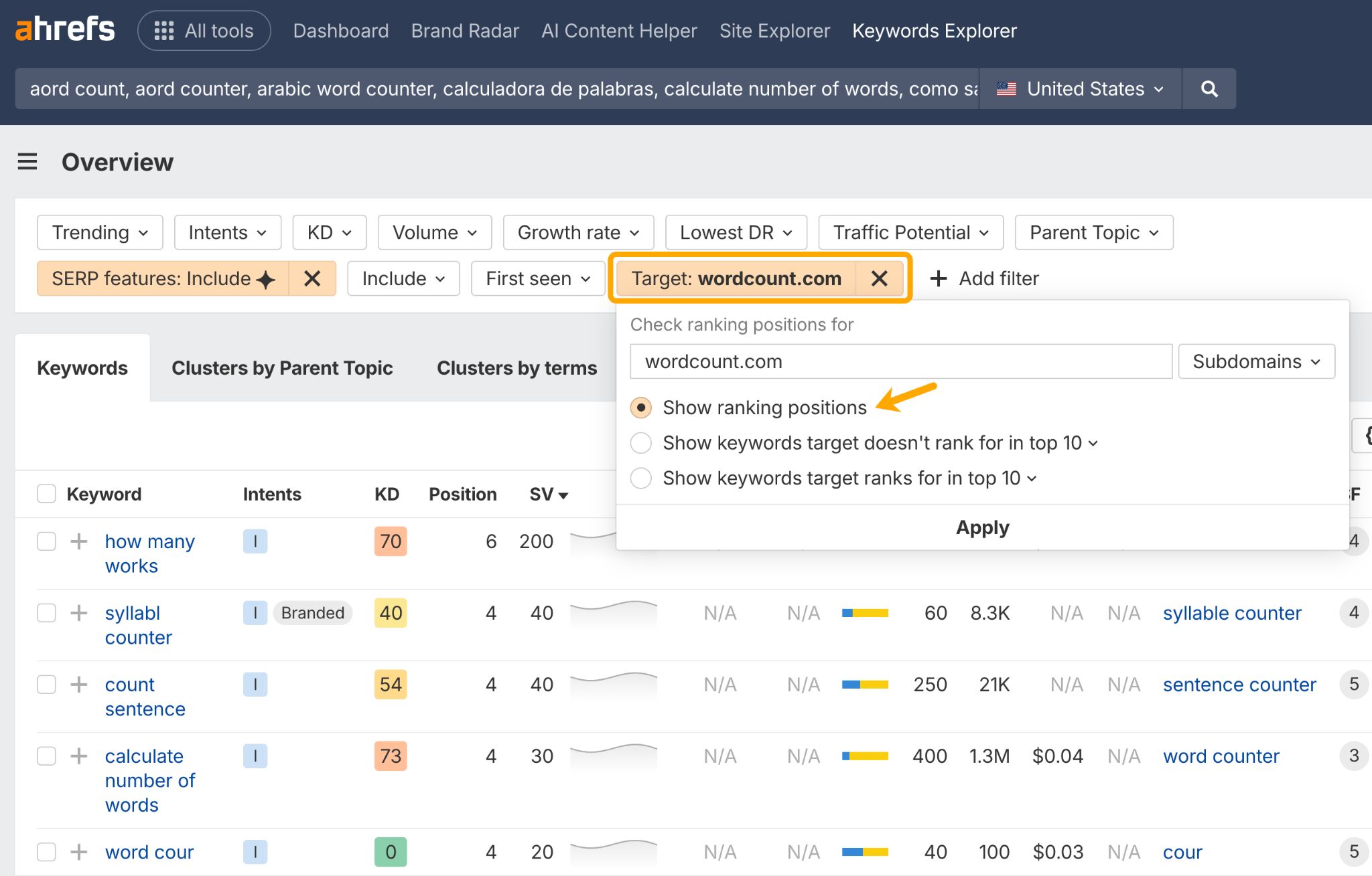 Ahrefs Keywords Explorer interface filtered to show keywords for which the domain “wordcount.com” ranks, including SERP features. Keywords shown include "how many works" and "calculate number of words," with ranking positions and metrics such as keyword difficulty and search volume. 
