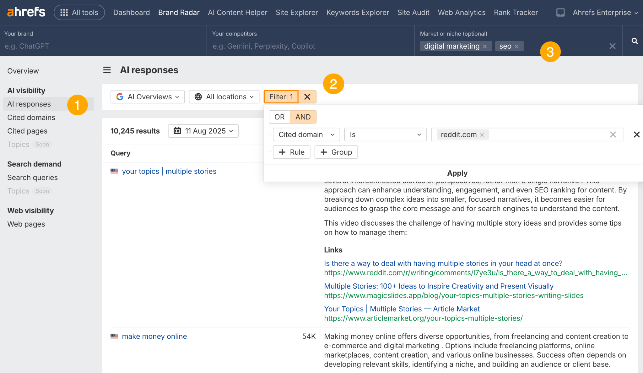 A screenshot of Ahrefs Brand Radar being used to find Reddit threads cited in AI answers. The report is filtered to show only AI responses where the cited domain is reddit.com and the topic is 'digital marketing.'