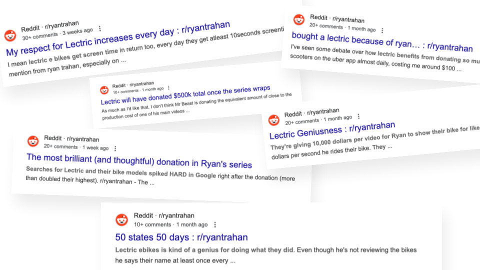 Collection of Reddit posts from r/ryantrahan subreddit showing various discussions about Lectric e-bikes and Ryan's content. Posts include topics like respect for Lectric increasing daily, donation amounts, and discussions about the bike giveaway series, with typical Reddit formatting and upvote counts visible.