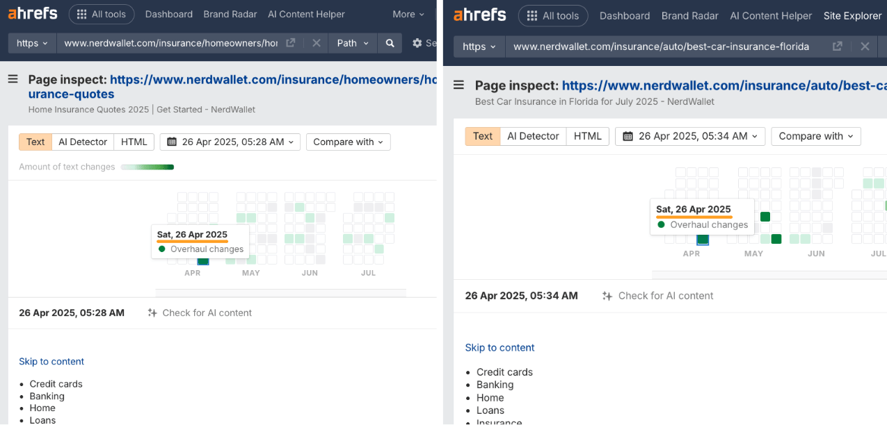 Ahrefs page inspection tool showing two NerdWallet insurance pages side by side within AI content detection. Shows "26 Apr 2025, 05:28 AM" with "Overhaul changes" and includes a calendar heatmap visualization of content changes over time.