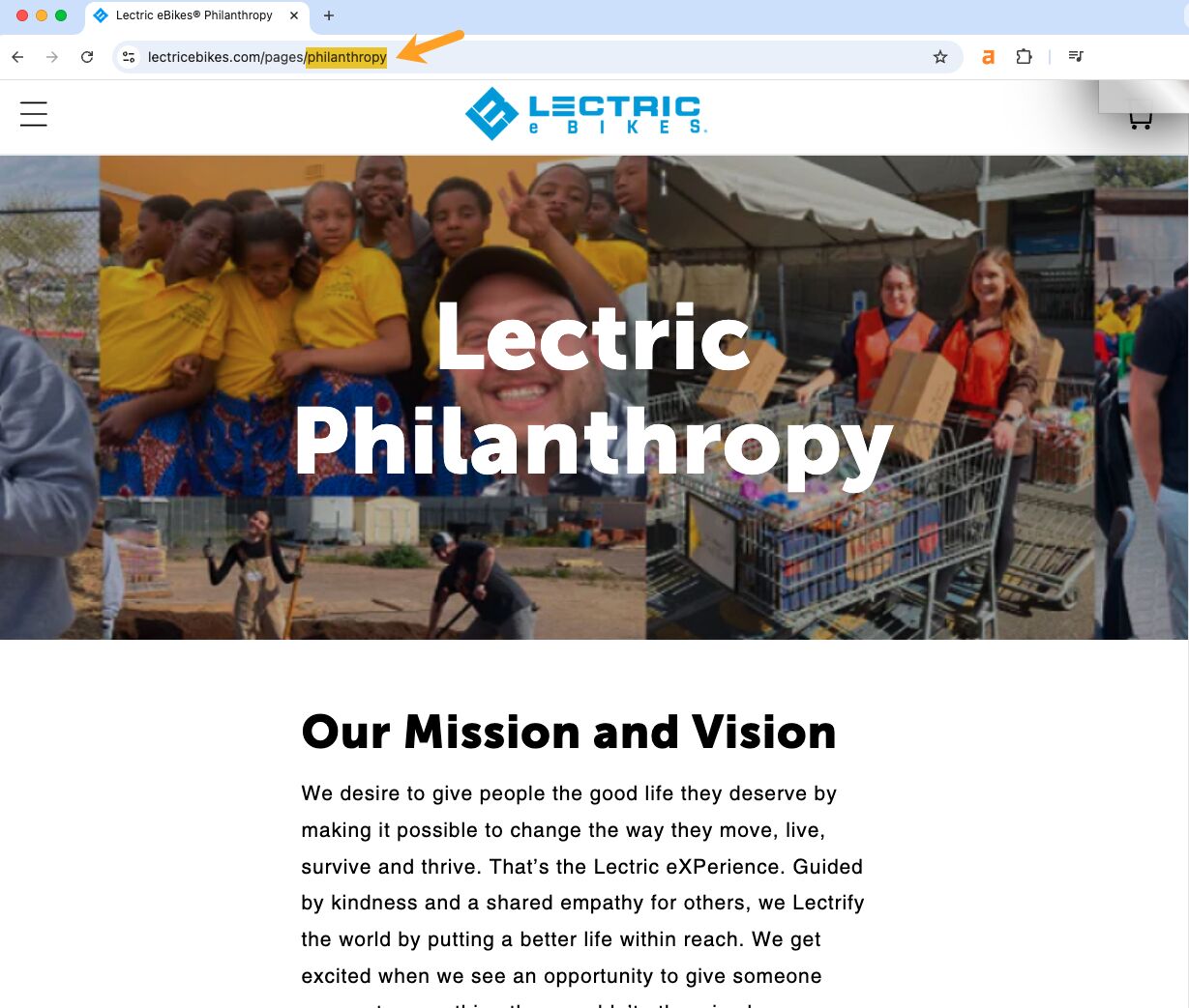 Screenshot of Lectric eBikes philanthropy webpage showing the company logo and header "Lectric Philanthropy" overlaid on a photo of diverse community volunteers. The page displays their mission statement about giving people "the good life they deserve" and includes sections on their vision and charitable initiatives.