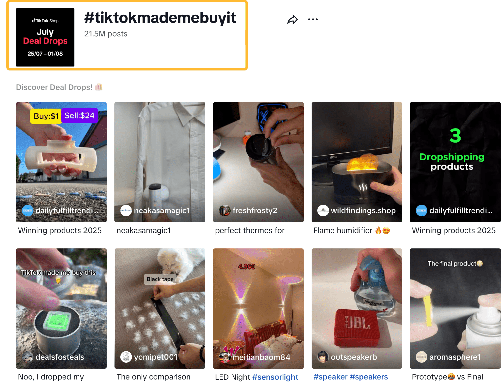 Screenshot of the #tiktokmademebuyit hashtag page on TikTok, which has 21.5 million posts. The screen shows a grid of videos featuring various products that went viral on the platform.