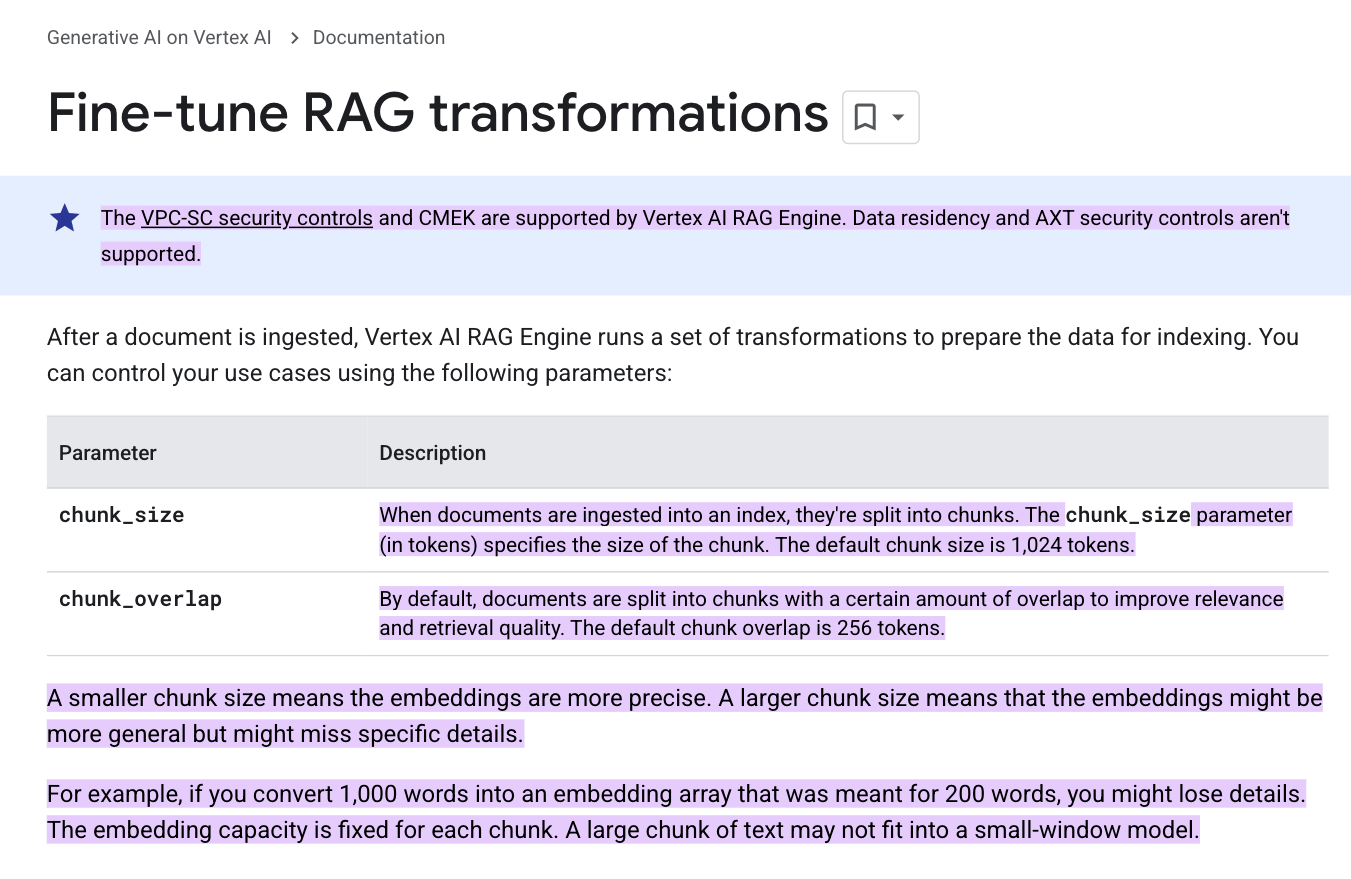 Screenshot of Vertex AI's fine-tune RAG transformation preferences.