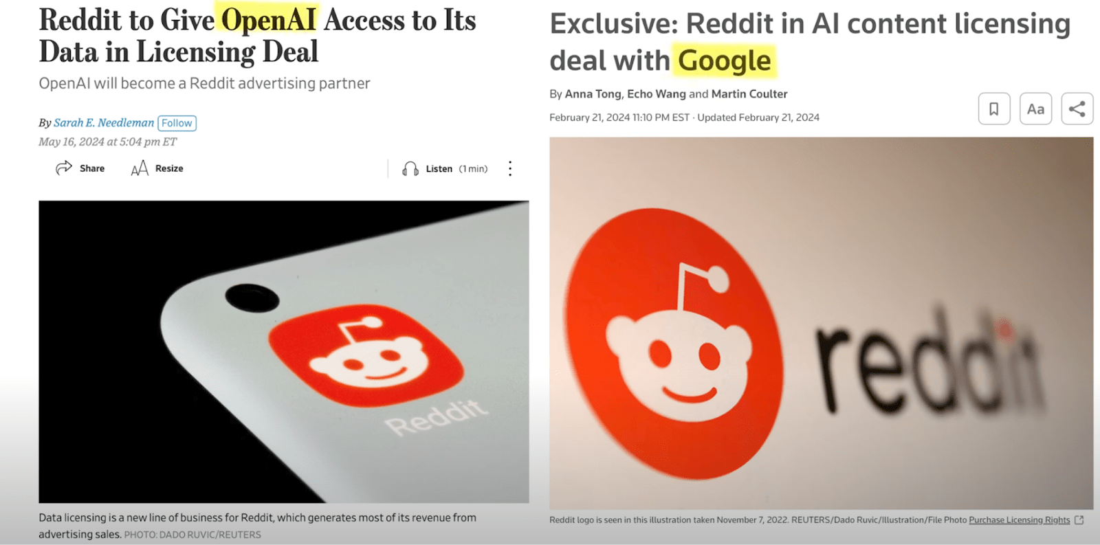 Side-by-side news article headlines about Reddit data licensing deals. Left article titled "Reddit to Give OpenAI Access to Its Data in Licensing Deal" with Reddit app icon. Right article titled "Exclusive: Reddit in AI content licensing deal with Google" with Reddit logo, both highlighting the platform's AI partnership agreements.