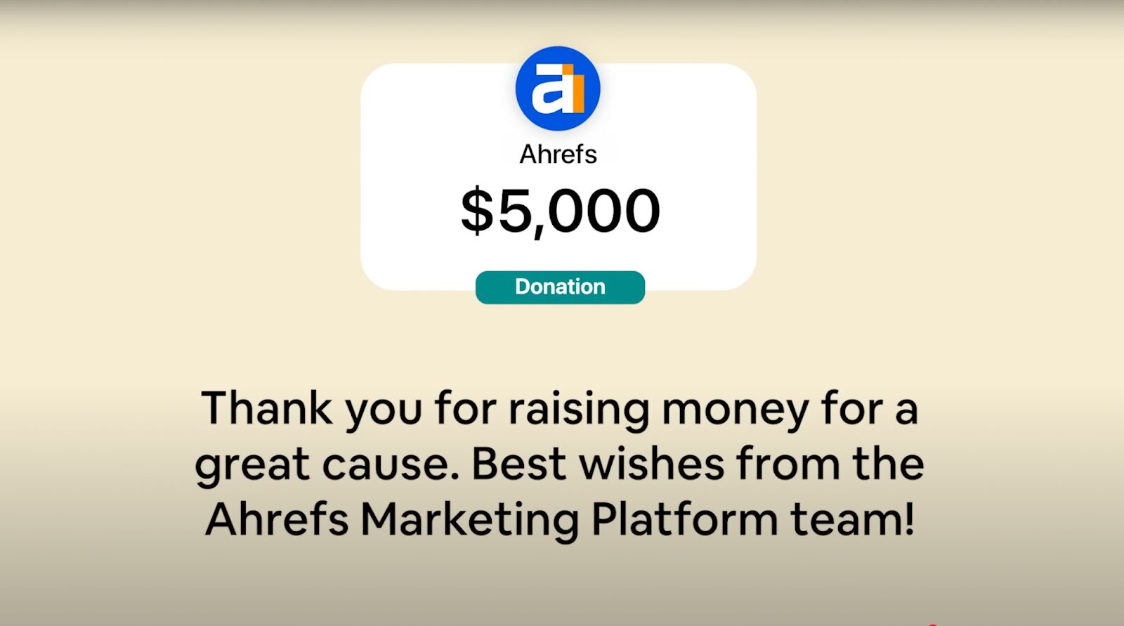 Thank you message from Ahrefs showing their company logo and a "$5,000 Donation" to Ryan Trahan's 50 States Challenge. The text reads "Thank you for raising money for a great cause. Best wishes from the Ahrefs Marketing Platform team!"